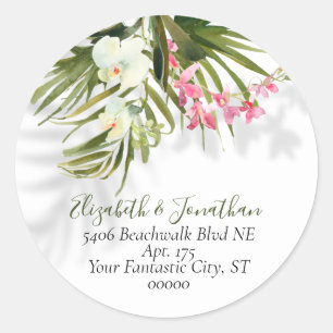 Tropical Pink Orchids & Palms Shadows Address  Classic Round Sticker