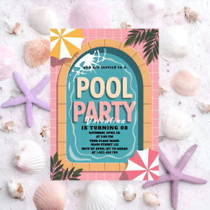 Tropical Pink Palm Springs Pool Party Birthday Invitation