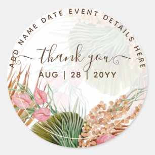 Tropical Pink Pampas Grass Thank You Favour Classic Round Sticker