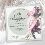 Tropical Pink Parrot and Sage Floral 50th Birthday Invitation<br><div class="desc">Plan an unforgettable 50th birthday celebration (or any other age) with a gorgeous boho tropical theme that is so feminine! This unique square invitation has an exotic pink parrot sitting atop a bouquet of lush tropical flowers that include purple protea and orchids with trailing vines and greenery. A circular frame...</div>