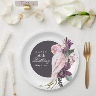 Tropical Pink Parrot Boho Stylish 50th Birthday Paper Plate