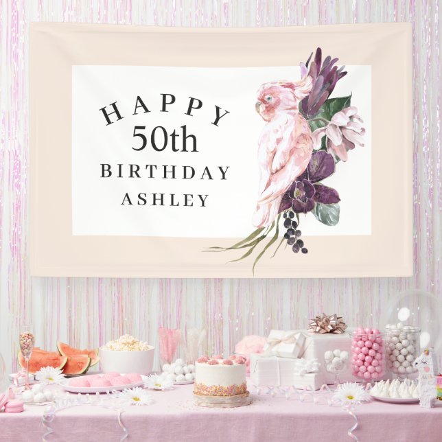Tropical Pink Parrot Happy 50th Birthday Banner (Party)