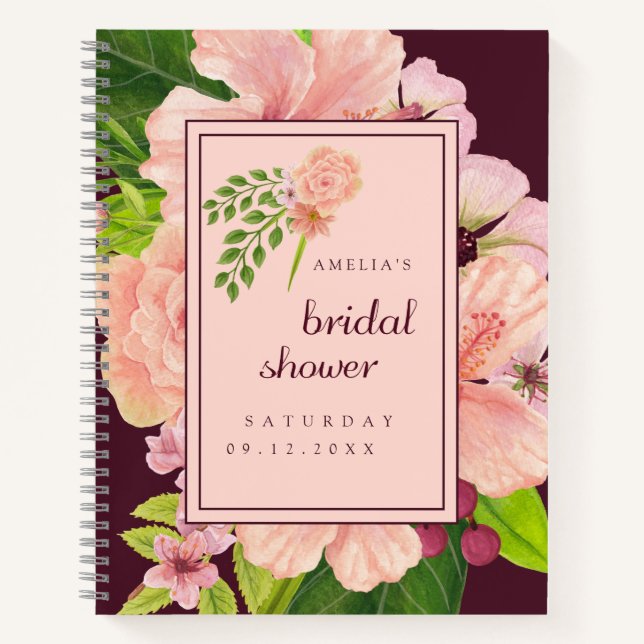 Tropical Pink Peach Floral Burgundy Bridal Shower Notebook (Front)