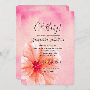 Tropical Pink Peach Hibiscus Flower Baby Shower Invitation