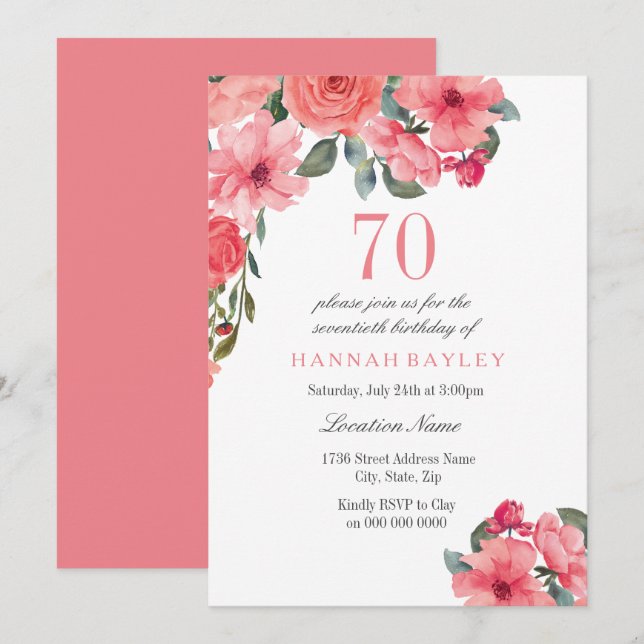 Tropical Pink & Peach Summer 70th Birthday Invite (Front/Back)