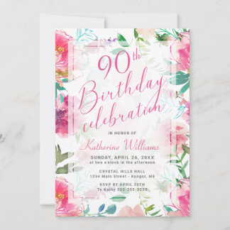 Tropical Pink Peony Floral 90th Birthday Party Invitation