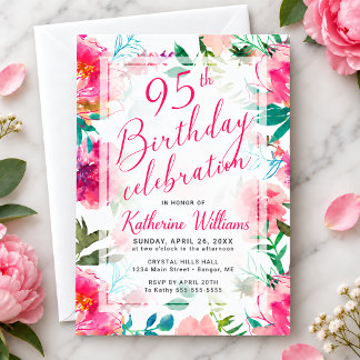 Tropical Pink Peony Floral 95th Birthday Party Invitation