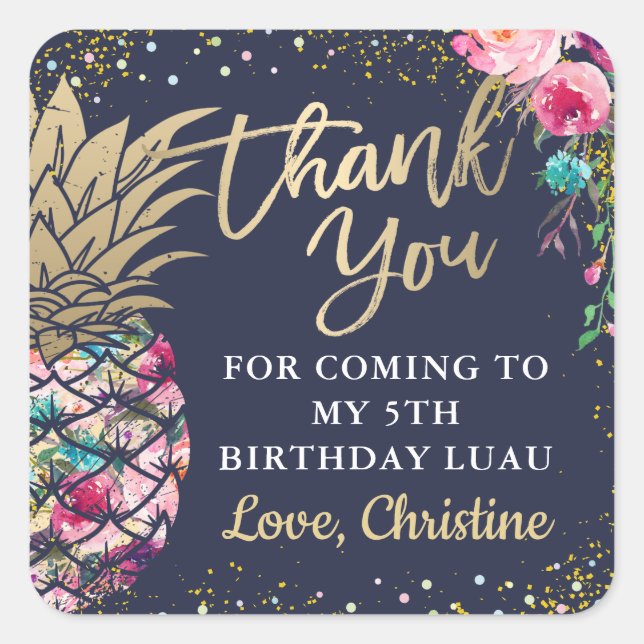 Tropical Pink Pineapple Floral Navy Blue Thank You Square Sticker (Front)