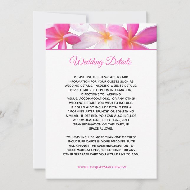Tropical Pink Plumeria Floral Wedding Details Card (Front)