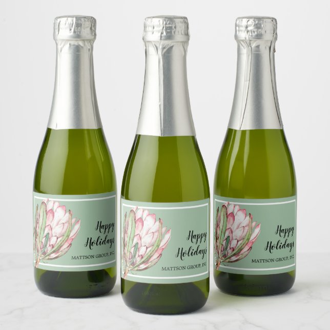 Tropical Pink Protea Floral on Mint MINI Sparkling Wine Label (Bottles)
