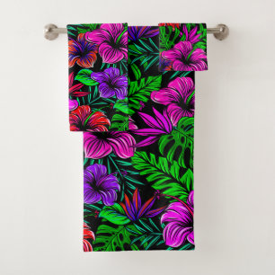 Tropical Pink Red Purple Hibiscus Flower Bath Towel Set