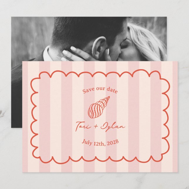Tropical Pink Stripe Seashell Save The Date Photo (Front/Back)