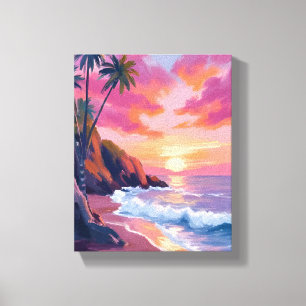 Tropical Pink Sunset Ocean Watercolor Canvas Print