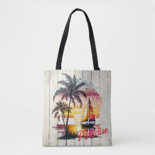 Tropical Pink Sunset Sailboat Palms  Tote Bag