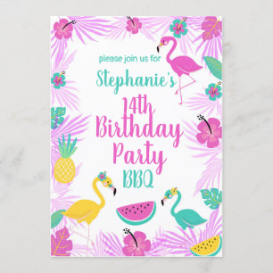 Tropical Pink Turquoise Palms Flamingo Birthday Invitation