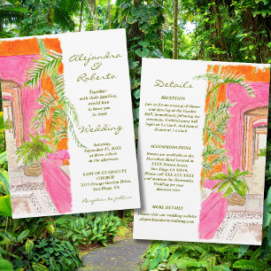 Tropical Pink Walls and Palm Courtyard Art Wedding Invitation