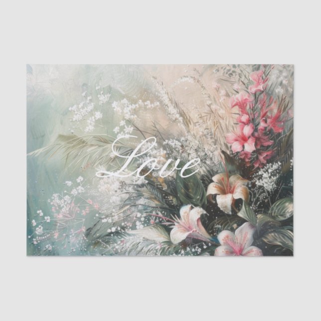 Tropical Pink White Hibiscus Floral Love  Tissue Paper (Front)