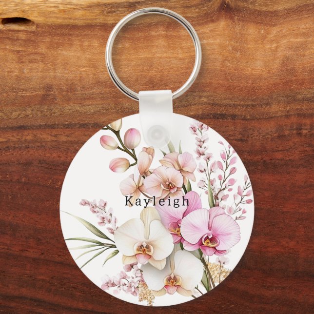 Tropical Pink White Orchid Flowers Keychain (Front)