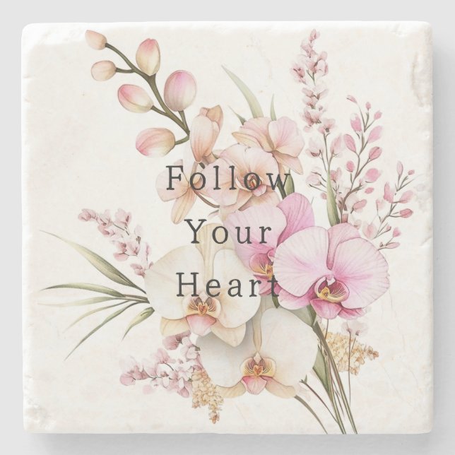 Tropical Pink White Orchid Flowers Stone Coaster (Front)