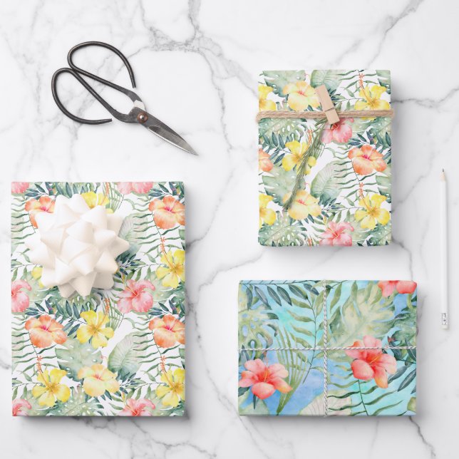 Tropical Pink Yellow Hibiscus Flowers Wrapping Paper Sheet (Front)