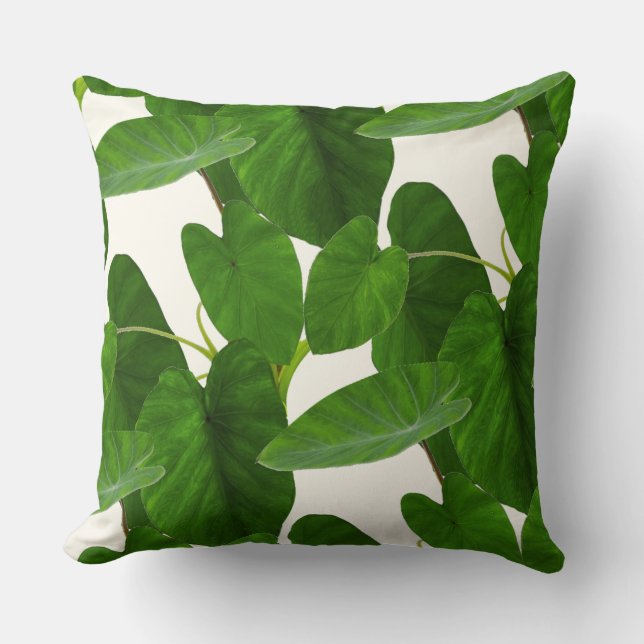 Tropical plant green leaves on ivory throw pillow (Front)