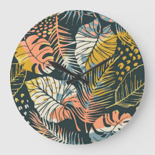 Tropical plants: abstract artistic pattern. large clock