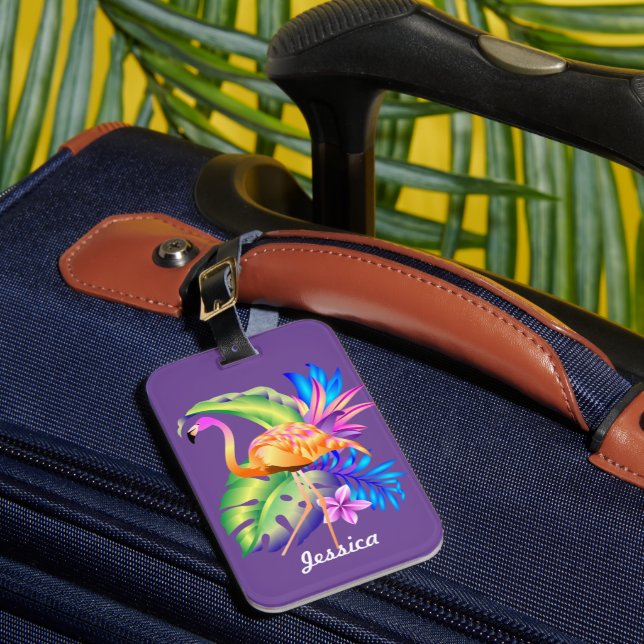 Tropical Plants and Flamingo Purple Personalised Luggage Tag (Front Insitu 1)
