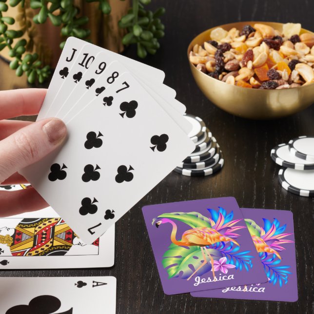 Tropical Plants and Flamingo Purple Personalised Playing Cards (In Situ)