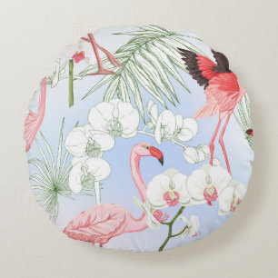Tropical plants and flowers. Seamless pattern, bac Round Pillow