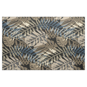 Tropical plants and leaves of brown , blue olive  fabric
