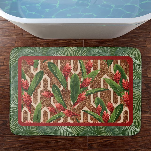Tropical Plants and Palms Pattern Bath Mat (Tropical Plants and Palms Geometric Pattern Bath Mat)
