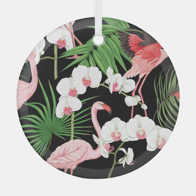 Tropical Plants Birds Coloured Illustration Glass Ornament (Front)