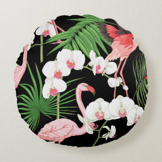 Tropical Plants Birds Coloured Illustration Round Pillow