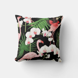 Tropical Plants Birds Coloured Illustration Throw Pillow