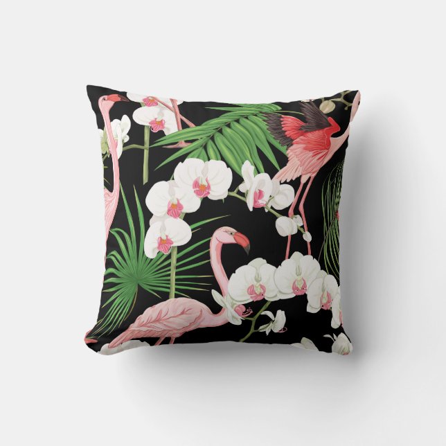 Tropical Plants Birds Coloured Illustration Throw Pillow (Front)