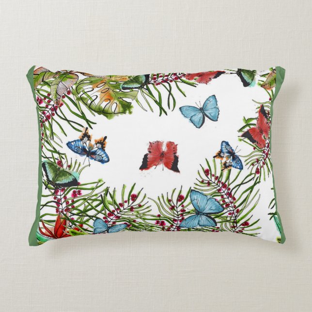Tropical Plants Butterflies Berries Red Blue   Accent Pillow (Front)