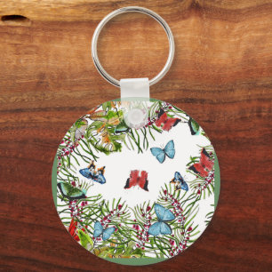Tropical Plants Butterflies Berries Red Blue Keychain