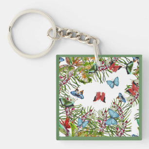 Tropical Plants Butterflies Berries Red Blue Keychain