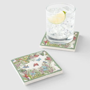 Tropical Plants Butterflies Berries Red Blue Stone Coaster