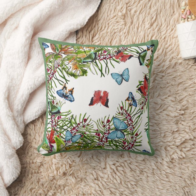  Tropical Plants Butterflies Red Blue  Throw Pillow (Blanket)