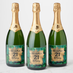 Tropical Plants Gold 21st Birthday Personalized Sparkling Wine Label