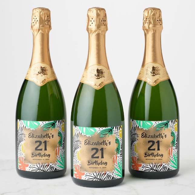 Tropical Plants Gold 21st Birthday Personalized Sparkling Wine Label (Bottles)