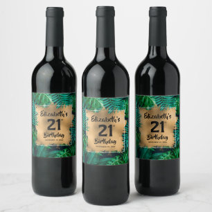 Tropical Plants Gold 21st Birthday Personalized Wine Label