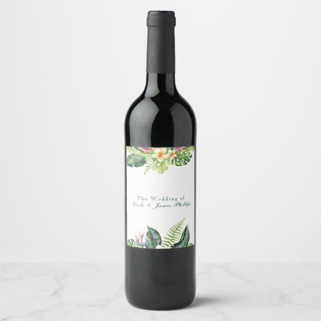 Tropical Plants Hibiscus Plumeria Island Leaves Wine Label (Front)