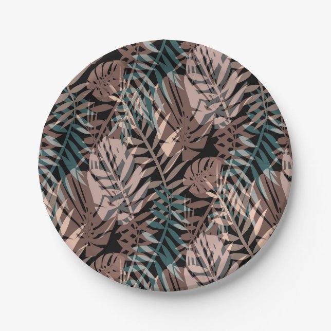 Tropical plants, jungle, tropics , beige ,leaves  paper plate (Front)