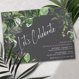 Tropical Plants   Modern Black Any Age Birthday Invitation