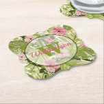 Tropical Plants Paper Coaster<br><div class="desc">Tropical greens and pink flowers,  ready for your name and monogram in chic lettering in any colour (can be deleted.) Choose from any shape to create for yourself or give as a gift.</div>
