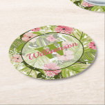 Tropical Plants Round Paper Coaster<br><div class="desc">Tropical greens and pink flowers,  ready for your name and monogram in chic lettering in any colour (can be deleted.) Choose from any shape to create for yourself or give as a gift.</div>