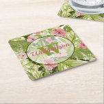 Tropical Plants Square Paper Coaster<br><div class="desc">Tropical greens and pink flowers,  ready for your name and monogram in chic lettering in any colour (can be deleted.) Choose from any shape to create for yourself or give as a gift.</div>