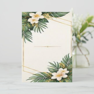 Tropical Plumeria and Palm Leaves with Gold Frame Invitation